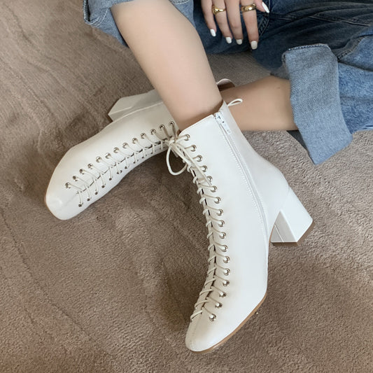 French Retro Romantic Style Lace-up Thick High-heeled Martin Boots