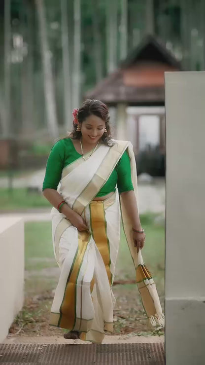 Mampoo Olive Green Cotton Set Mundu